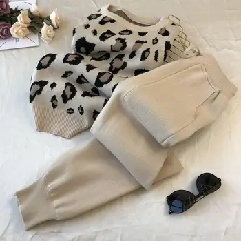 2020 m. rudens ir žiemos naujas asmeninį leopardas spausdinti megztinis ilgomis rankovėmis trikotažas paprastas mažas koja kelnės rinkinys