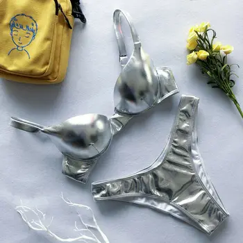 2021 Moterų Seksualus Bikini maudymosi kostiumėlis PU Odos, Dviejų dalių Push-Up Blizga Liemenėlė Bandeau Maudymosi Kostiumas, Paplūdimio Tankini maudymosi Kostiumėliai Vasarai