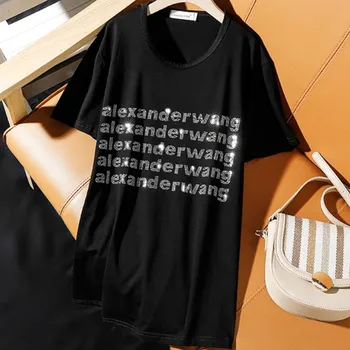 2021 vasaros laišką diamond t-shirt moterims trumpomis rankovėmis ruožas medvilnės viršuje tees 5XL