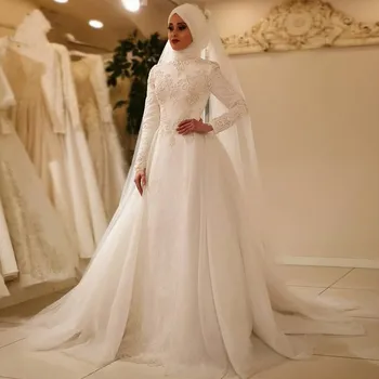 2021 Vestido De Noiva Elegantiškas Ilgomis Rankovėmis, O Ant Kaklo Musulmonų Vestuvių Suknelės Tiulio Užtrauktukas Atgal Nėrinių Islamo Vestuvių Suknelės