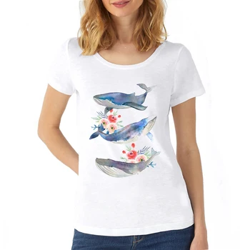 2022 Moterų Drabužiai Akvarelė banginiai ir gėlės Klasikiniai Marškinėliai Juokinga Estetinės Laisvalaikio Marškinėliai T Shirt Streetwear Grafinis Tees