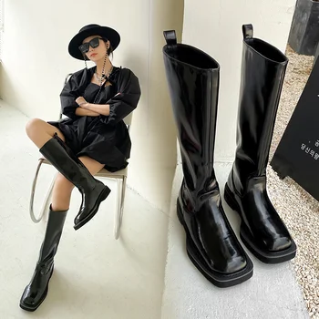 2022 naujas Moterų Knee-high batai natūralios odos 22-25 cm karvės odos viršutinį modernus batai aikštėje kojų high batai Mados Motociklininko Batai