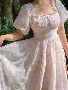 2022 Prancūzijos Derliaus Šifono Gėlių Siuvinėjimas Korsetas Suknelė Moterims Maxi Suknelė Sluoksniuotos Rankovėmis Saldus Pasakų Suknelė