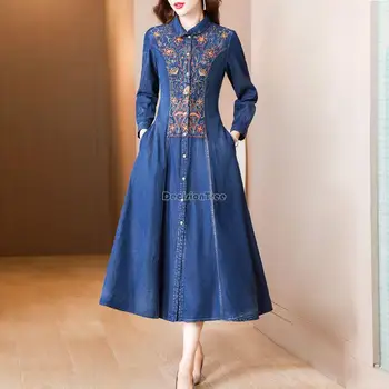 2023 džinsinio audinio suknelė moterų pavasarį ir rudenį naujų kinijos etninės retro stiliaus siuvinėjimų elegantiškas ilgos rankovės ilgos dienos suknelė g1002
