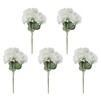5X Dirbtinis Hydrangea Gėlių 5 Didelių Galvų Puokštė (Skersmuo 7 Colių Kiekvienas Vadovas) Kreminės Baltos
