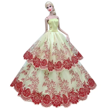 Aukštos Kokybės Geltonai Rudos spalvos Nėrinių Gėlių Vestuvių Suknelė Barbie Lėlės Multi-layer Šalis Suknelė Clohes Už 1/6 BJD Lėlės Priedai