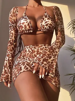 BKLD Drabužių Rinkiniai Moterims 2022 Naujas Leopard Print Akių Seksualus Keturių Vienetų maudymosi kostiumėlį Bikini Long Sleeve Top Mini Sijonas Clubwear