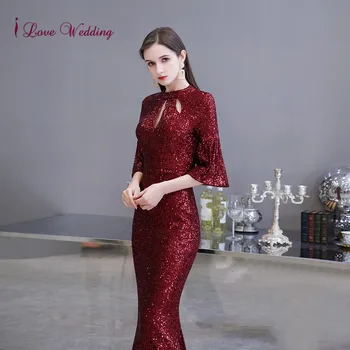 Blizgučiai Moterys Šalis Suknelė 2020 Grindų Ilgis Blyksnius Rankovėmis Raudona Undinėlės Vakaro Suknelė Elegantiškas Blizgančių Chalatas De Soiree