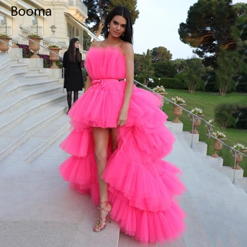 Booma Rožinis Hi-Lo Prom Dresses Stebėjimo Pakopų Tiulio Mini Garsenybių Suknelės Rankovių Varčias Trumpas Vakarines Sukneles