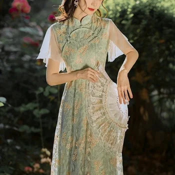 Derliaus Siuvinėjimo Tinklelio, Kratinys Pagerėjo Cheongsam Vasaros Stovėti Apykaklės Gėlių Aukšto Juosmens Kinų Stiliaus Maxi Dress Lady Qipao