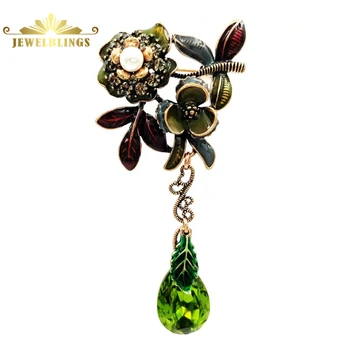 Dizaineris Vintage Žalia Emalį Lapų Kabančios Gėlės Sagės Aukso Tonas Imitavo Pearl Grupių Gėlių Krištolo Lašas Pin Wrap Papuošalai