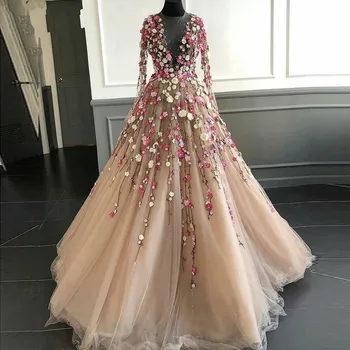 Dubajus Vakaro Suknelės chalatas de soiree abiye Gėlių Tiulio V Kaklo Elegantiška Suknelė Šalies Vakare Chalatai ilgomis Rankovėmis abendkleider