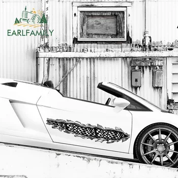 EARLFAMILY 43cm 2x Tikrintuvas Vėliavos Ašara Auto Decal Lenktynių Juostelės 3D Suplėšyti Metalo Stiliaus Automobilių Lipdukas Car Wrap Vinilo kinas Automobilių Reikmenys