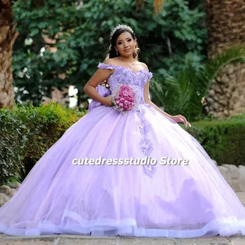 Elegantiškas Alyvinė Quinceanera Suknelės Su Laivapriekio 3D Gėlių Aplikacijos Meksikos XV Merginos Inscenizacija Chalatai vestidos de 15 años