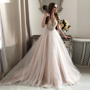 Elegantiškas Nėrinių Šampano Vestuvių Suknelė, Vestidos de novia 2021 Linijos V-Kaklo trumpomis Rankovėmis Aplikacijos Tiulio Vestuvinės Suknelės Mariage