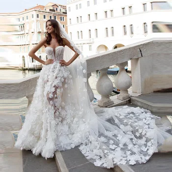 Gana 3D Gėlių, Vestuvių Suknelė Stebėjimo Tiulio Nėrinių Vestuvinės Suknelės Baltos Sodo Gėlių Appliques Ilgos Suknelės chalatas de mariée