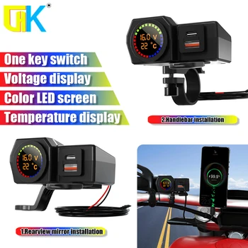 HKGK Vandeniui QC3.0 Motociklo PD USB Kroviklis skirtas Telefonams, GPS 12V 24V Įtampos Temperatūros Ekranas Voltmeter su on/off jungikliu