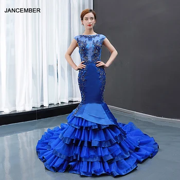 J66898 jancember undinė vakaro suknelės ilgai, o-kaklo, rankovių mėlyna vakare gown teismas traukinio tortas stiliaus vestido de noiva sereia
