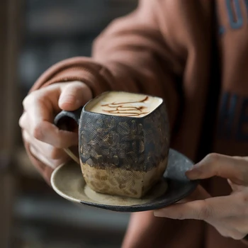 Japonijos Senovinių Keramikos Kavos Puodelius Ir Lėkštutes Ranka Raižyti Gėlės Espresso Kavos Puodelio, Puodelis Pieno Teacup Baras, Kavinė Dovanos