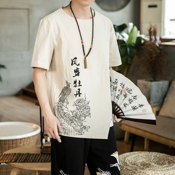 Japonų Kimono Vasarą Linas T-Marškinėliai Vyrams, Atsitiktinis Palaidų Harajuku Mados Drabužių Atspausdinta Marškinėliai Kieto Spalvų vyriški trumpomis Rankovėmis