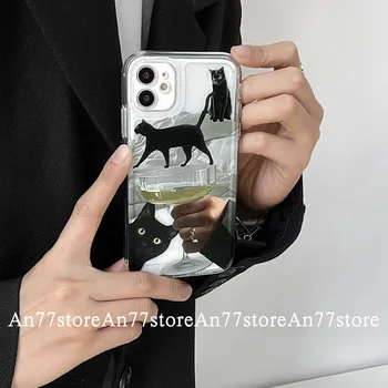 Juokinga Juoda Katė Vyno TPU Case for iPhone 13 Pro Max Galinį Telefono Dangtelį 12 Mini Pro 11 Max X XS XR 8 7 Plus SE 2020 