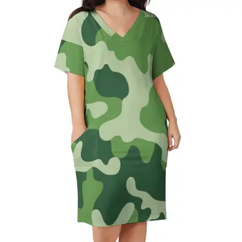 Kamufliažas Militaire Suknelė Plus Size Green Camo Spausdinti Gatvės Mados Atsitiktinis Suknelė Moterims Vasaros Trumpomis Rankovėmis Stilingas Suknelės Dovana