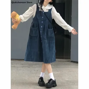Kawaii Velvetas Mergina Suspender Sijonas iki 2022 m. Pavasarį Japonų Stiliaus Kišenės Dizaino Viena Breasted Aukšto Juosmens Mokyklos Mergina Jupe