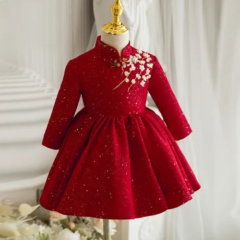 Kinų Stiliaus Kamuolys Suknelė Gėlių Mergaitė Bordo Siuvinėjimo Suknelė Pirmosios Komunijos Suknelė Princesė Vestuvės Dress