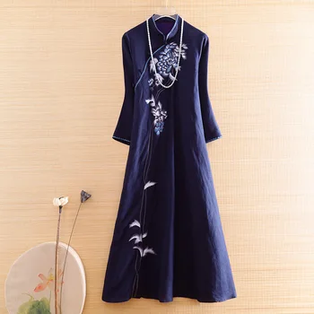 Kinų Stiliaus Moteris Qipao Suknelė Rudenį Karališkosios Siuvinėjimo Vingtage Elegantiška Panele Prabangus Medvilnės Skalbiniai Cheongsam Suknelė S-XXL