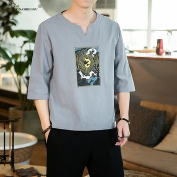 Kinų Stiliaus Vyrų Marškinėliai Spausdinami V Kaklo Streetwear Pusė Rankovių Viršūnes Aukštos Kokybės Retro Harajuku Atsitiktinis Japonijos T-marškinėliai Vyrams