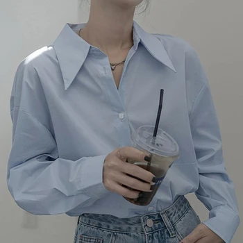 Korėjos Moterys Atsitiktinis Paprastas Biuro Marškinėliai Mėlynos Medvilnės Ilgomis Rankovėmis Moterims Topai Rudenį Vieną Krūtinėmis Derliaus Ponios Palaidinės 24404