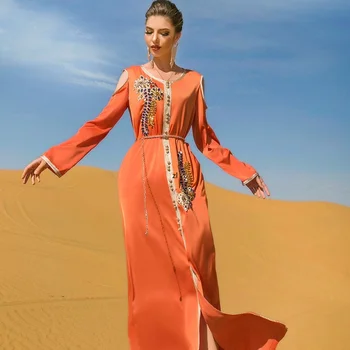 Luruxy Rankinė Siuvimo Diamond Maxi Suknelė Ponios Šalies Tautinės Juostelės V-Kaklo, Ilgomis Rankovėmis Marokas Dubajus Drabužius Orange 2022