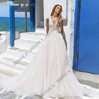 MONICA Seksualus-Line Vestuvių Suknelė Giliai V Kaklo Tiulio Aplikacijos Vasaros Paplūdimio Prom Nuotakos Suknelė Vestidos De Noiva 2022 Naujas Stilius