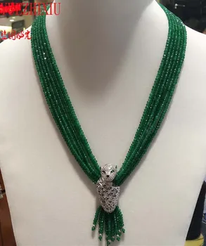 Moterų fine jewelry Leopard galvą užsegimas aksesuaras 2*4mm green jade karoliai kutas karoliai 17-20inch