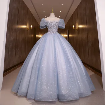Mėlyna Sluoksniuotos Rankovėmis vakarinę Suknelę Blizgučiais Princess Tutu Prabangus Appliquéd Tiulio Grindų ilgis Oficialių Pokylių Veiklos Suknelės