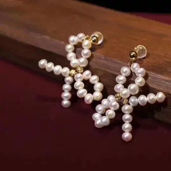 Natūralūs Gėlavandenių Perlų bowknot Lašas Auskarai,originalaus dizaino Rankų darbo, Aukštos kokybės auskarai moterims, 
