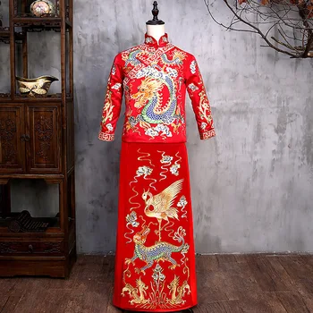 Naujas atvykimo vyrų raudona cheongsam Kinų stiliaus kostiumas jaunikis suknelė striukė ilga suknelė tradicinės Kinų vestuvių Qi pao vyrams