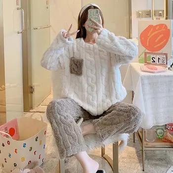 Naujas Koralinis Aksomo, Ilgas Rankovėmis Pižama Moterų Žiemos Sutirštės Pliušinis Paprasta Flanelė Namų Drabužių Užsienio Stiliaus Kostiumas Sleepwear
