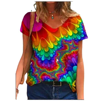 Ponios Viršūnes Moterų Plius Dydis Gėlių 3D Print T Shirt Prarasti V-Kaklo trumpomis Rankovėmis Atsitiktinis Tee Viršuje Vasaros 2021 Naujas Streetwear
