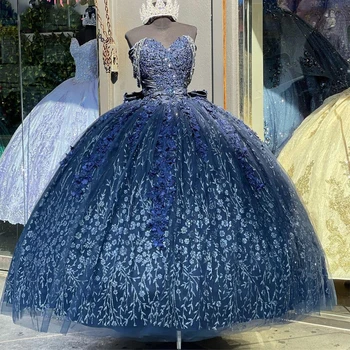 Prabanga Tamsiai Mėlyna Quinceanera Suknelės 2022 Kamuolys Suknelė Gėlių Aplikacijos Kristalų Saldus 16 Suknelės Nėriniai-Up Gimtadienio Suknelės