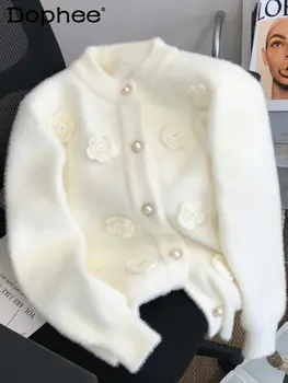 Prancūzijos Sunkiosios Pramonės Trimatis Gėlių Siuvinėjimas Mink Džemperis Cardigan Paltai Moterims Zawalcowany Megztinis, Striukė Žiemos Drabužių