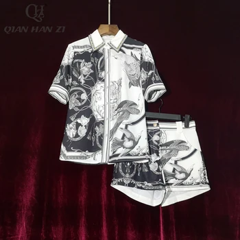 Qian Han Zi Dizainerio Mados Vasara dviejų dalių rinkinys Moterims trumpomis rankovėmis zawalcowany marškinėliai ir retro spausdinti šortai, kelnės, kostiumas rinkinys