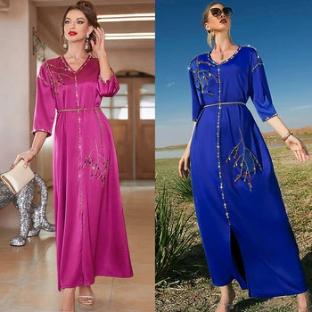 Ramadanas Mėlyna Caftan Marocain Dubajus Abaja vakarines Sukneles Moterims, Turkijos Islamo Musulmonų Suknelė Chalatas De Soiree Femme Vestido Longo
