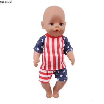 Raudona Mėlyna Vėliava Mados Lėlės Drabužiai Nustatyti 43cm Baby Doll Priedai Top marškinėliai Šortai Komplektus 18inch Amerikos Lėlės