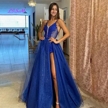 Royal Blue Bling Vakaro Suknelės Prom Šalis, Chalatai Saudo Arabija Duobute Klostes Dubajaus Moterų Promenadzie Suknelė Ritininės Pusėje