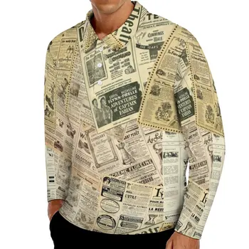 Senas Laikraštis Polo Marškinėliai Vyrams Derliaus Spausdinimo Atsitiktinis Marškinėliai Pavasario Derliaus Turn-Žemyn Apykaklės Ilgomis Rankovėmis Užsakymą Negabaritinių Marškinėliai