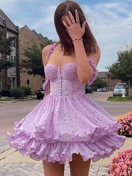 Sexy Diržas Gėlių Spausdinti Pynimas Purpurinė Mini Suknelės Moterims 2022 Mados Y2K Rankovių Atsitiktinis Atostogų Vestido Elegantiškas Šalis Suknelė