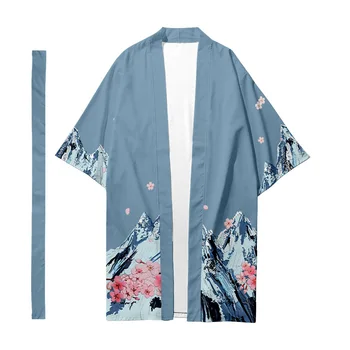Sniego Kalnų Gėlių Spausdinti Ilgio Kimono Megztinis Su Diržu, Japonų Tradicinė Pora Moterų, Vyrų Atsitiktinis Azijos Drabužių Harajuku