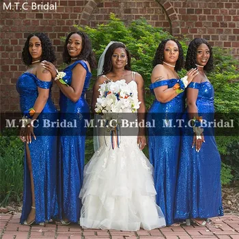 Sparkly Royal Blue Didmeninė Bridesmaid Dresses Pusėje Ritininės Nuo Peties Blizgančiais Undinė Vestuves Chalatai, Plius Dydis