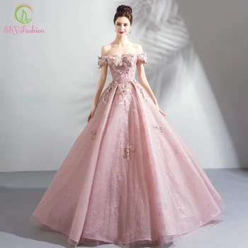 SSYFashion Naujų Prabangių Nėrinių vakarinę Suknelę Sweet Pink Appliques Duobute ant Grindų ilgis Oficialią Suknelės Elegantiškas Banketų Šalis Suknelė